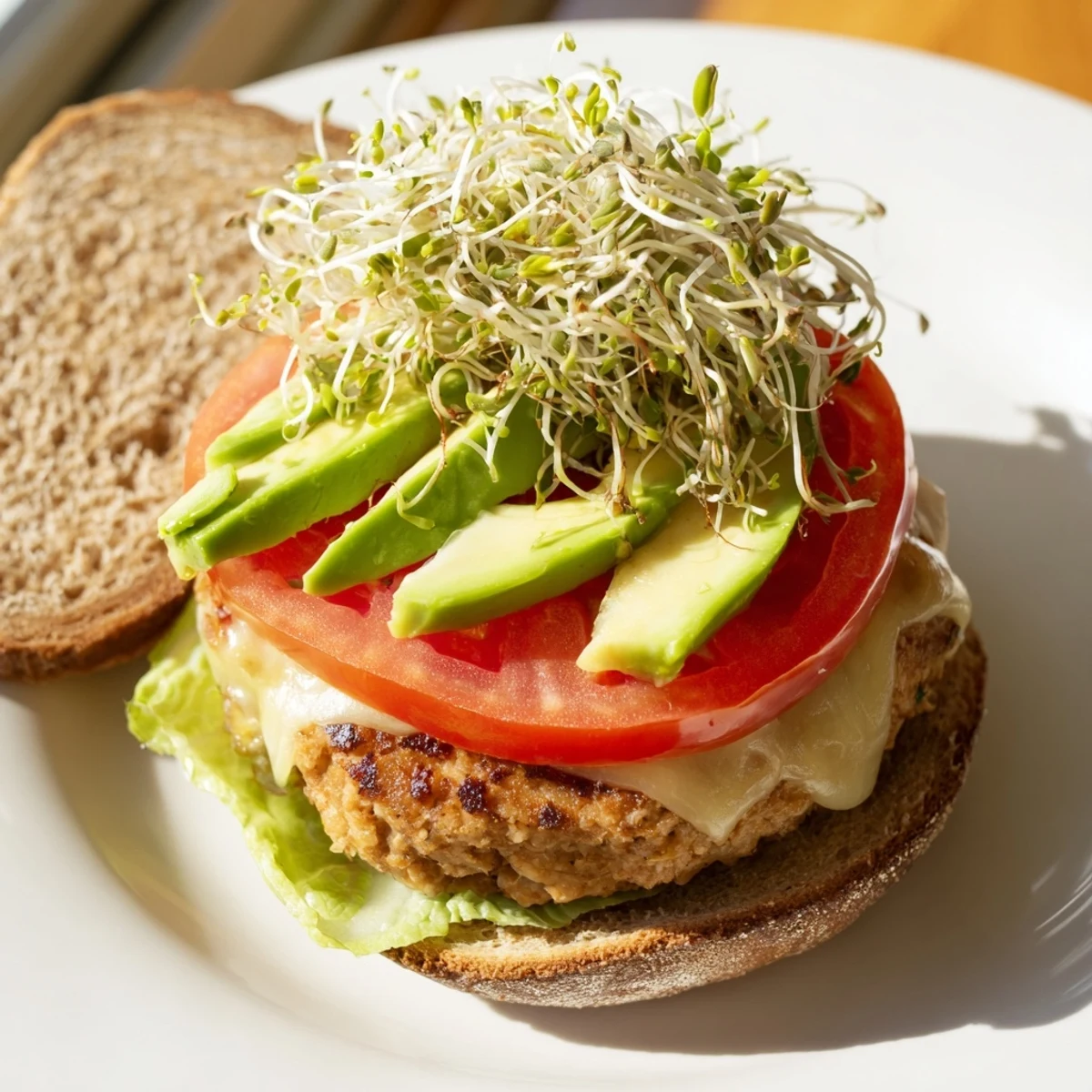 Savory turkey burger topped with Swiss cheese and avocado, served with fresh sprouts, tomato, and lettuce on a bun.