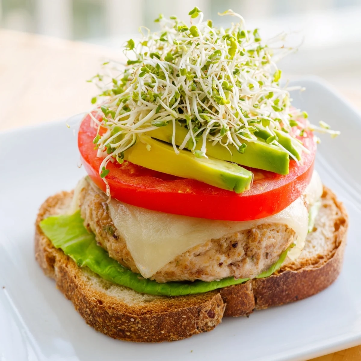 Juicy turkey burger with melted Swiss cheese, creamy avocado slices, and crisp sprouts on a toasted whole wheat bun.