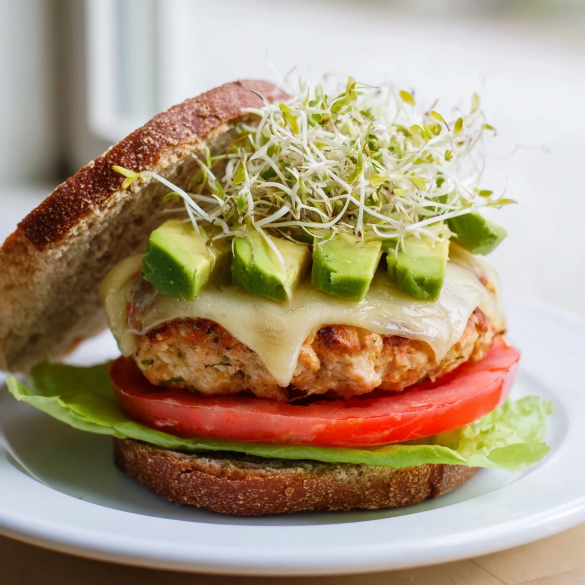 Freshly grilled turkey burger with Swiss cheese and avocado, piled high with crunchy sprouts on a toasted whole wheat bun.