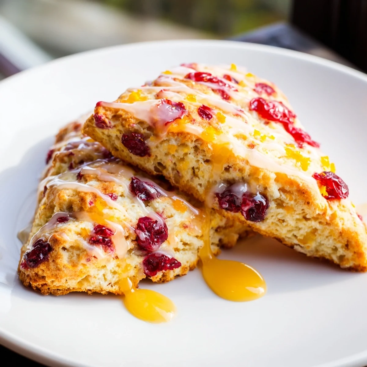 Freshly baked Cranberry Orange Scones with Sweet Orange Glaze on a white ceramic plate, showing crumbly texture and red berries.