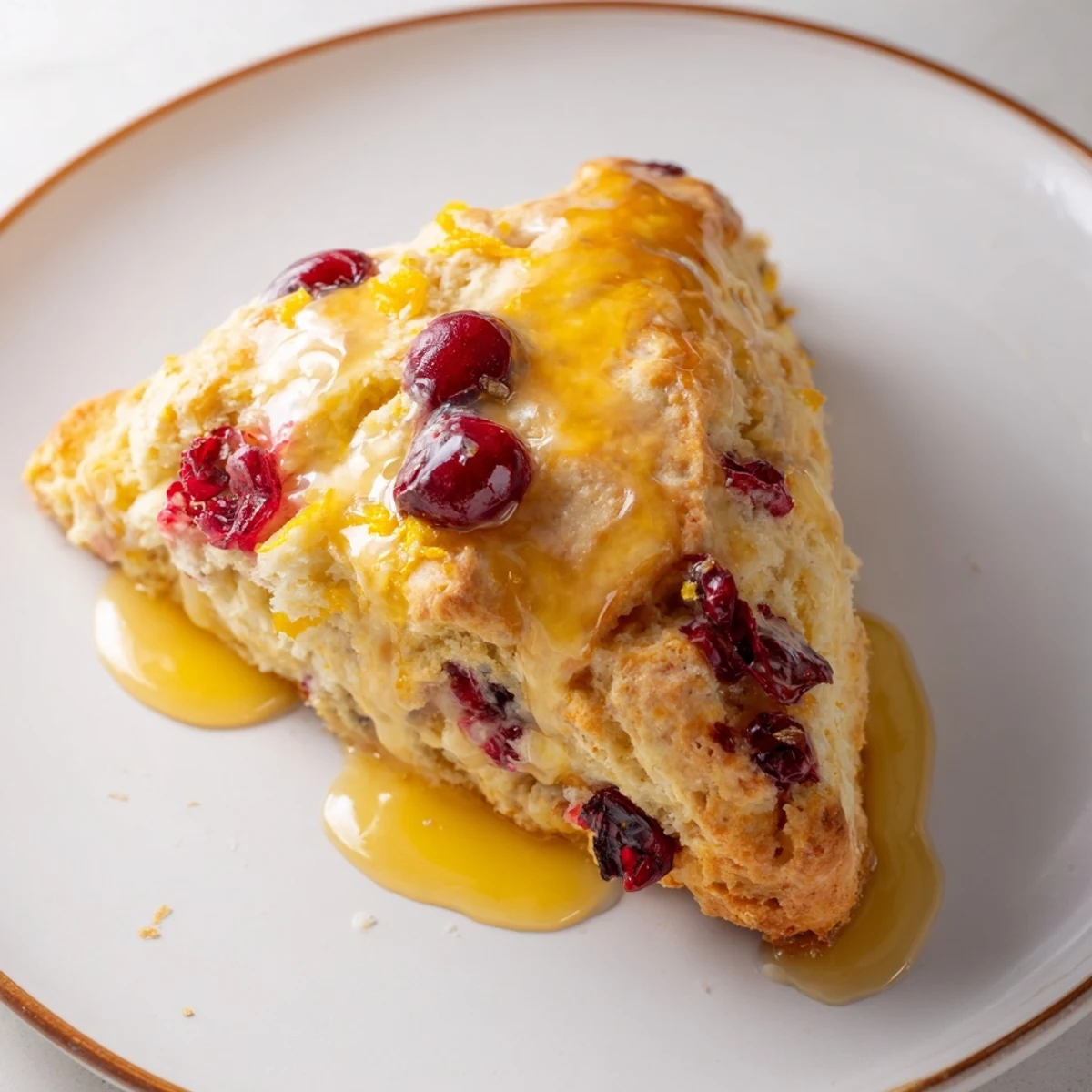 Warm Cranberry Orange Scones with Sweet Orange Glaze drizzled over the top, ready for a cozy breakfast serving suggestion.