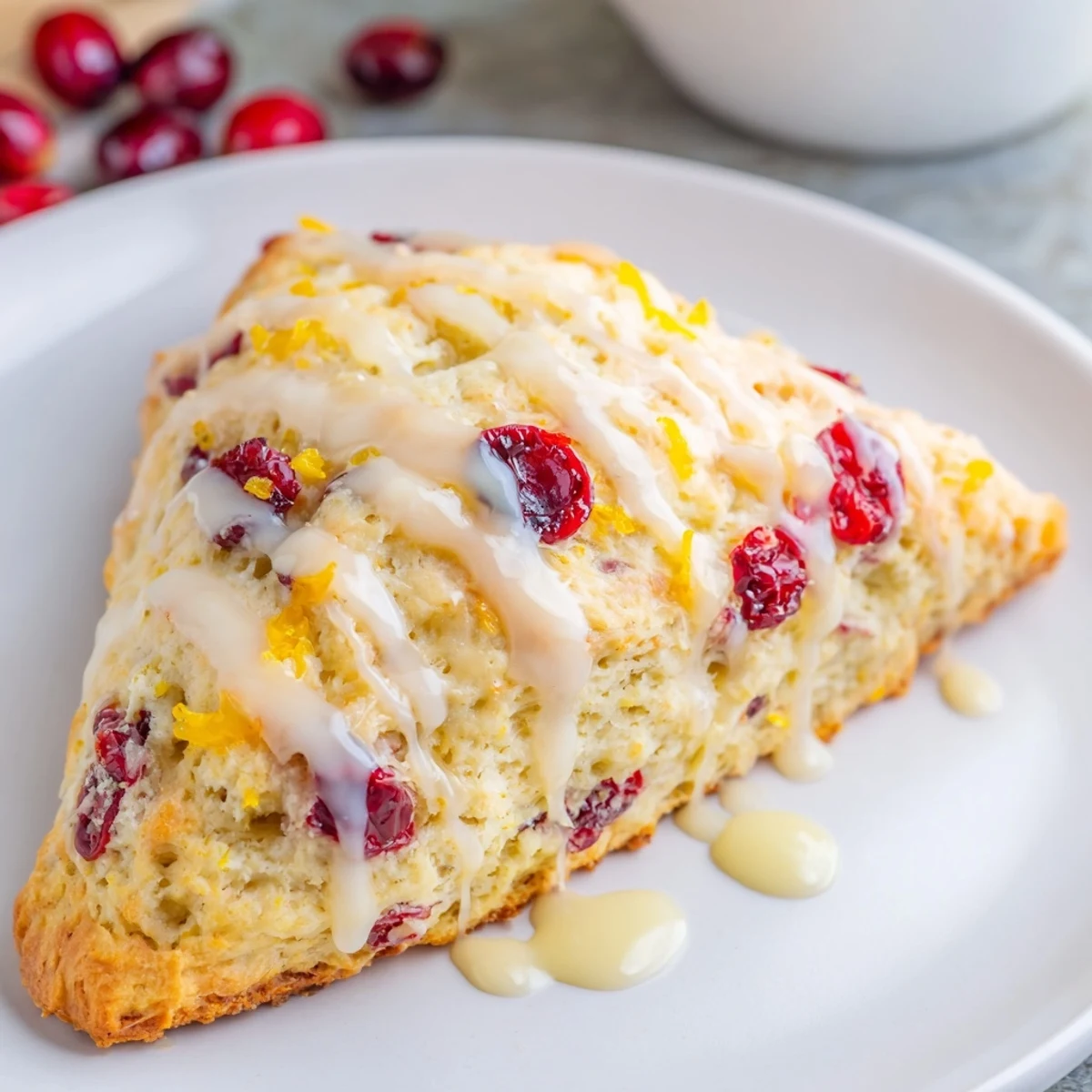 Homemade Cranberry Orange Scones with Sweet Orange Glaze, featuring zest and tart cranberries on a rustic wooden table.