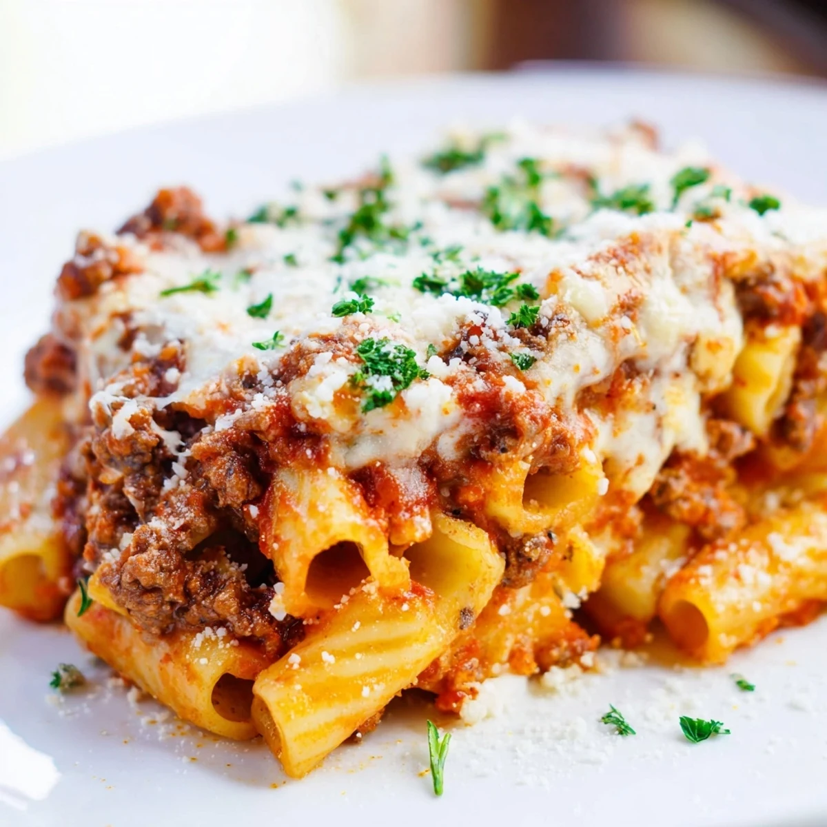 Freshly baked Baked Ziti with Ground Beef Marinara and Mozzarella in a dish with bubbling golden cheese and steam rising.