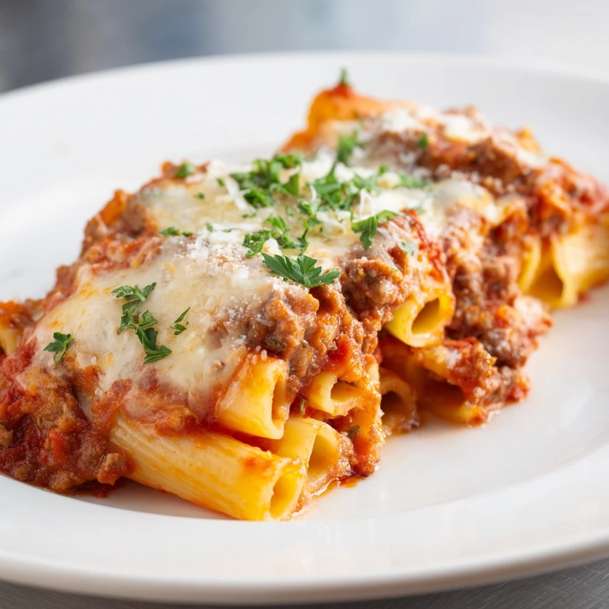 A serving of Baked Ziti with Ground Beef Marinara and Mozzarella on a plate next to a fresh garden salad.