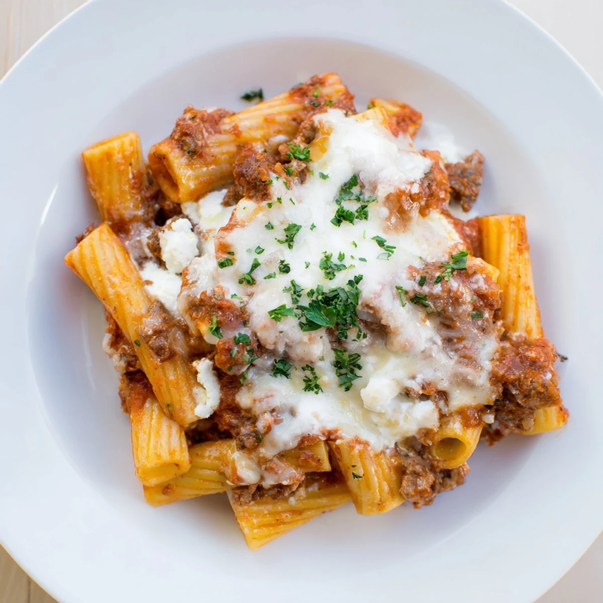 Close-up of Baked Ziti with Ground Beef Marinara and Mozzarella showing layers of pasta, rich red sauce, and melted cheese.
