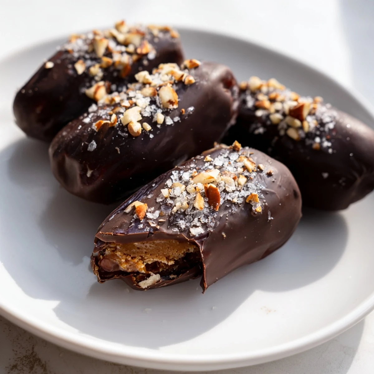 Chocolate Covered Dates Stuffed with Almond Butter arranged on a tray, ready to chill before serving as a healthy snack.