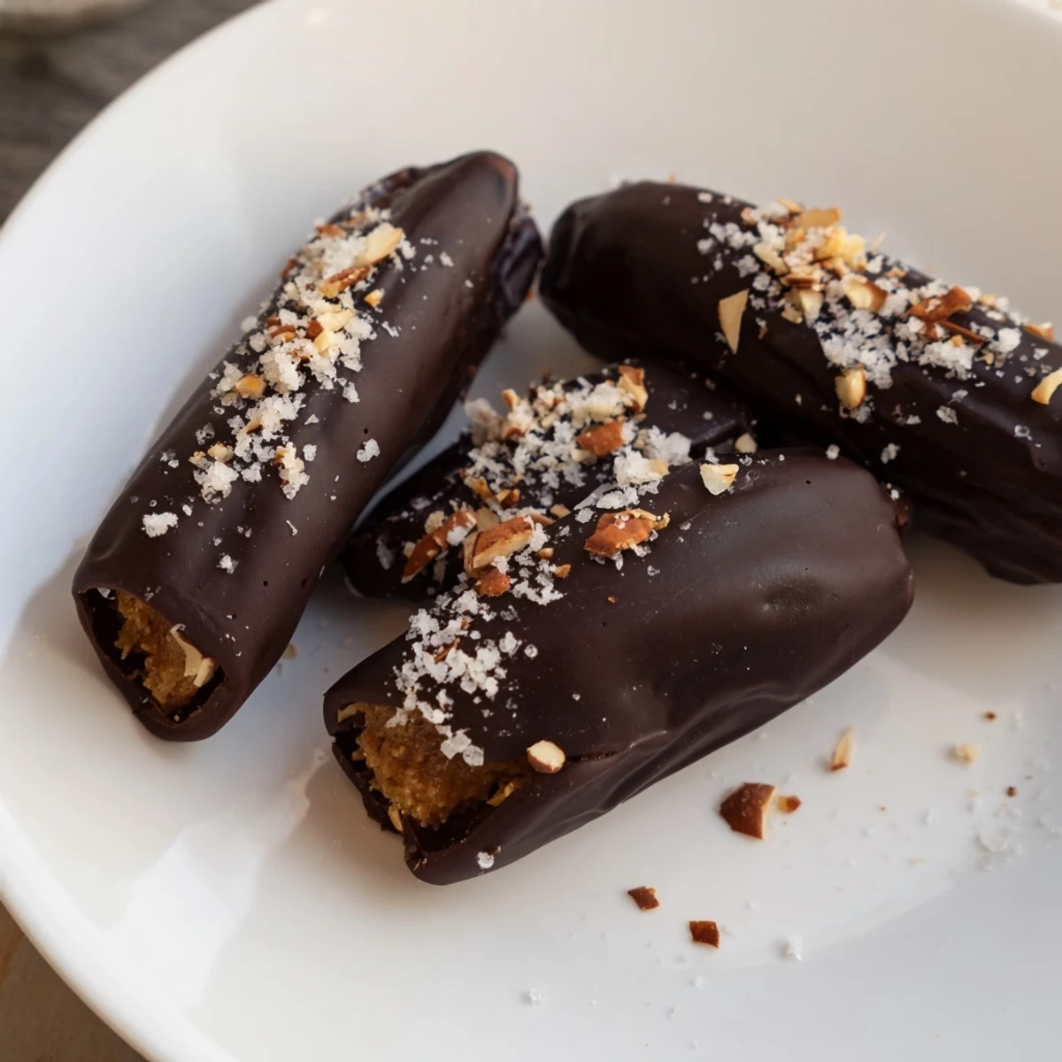 Medjool dates stuffed with almond butter and rich dark chocolate, sprinkled with flaky sea salt and chopped nuts.