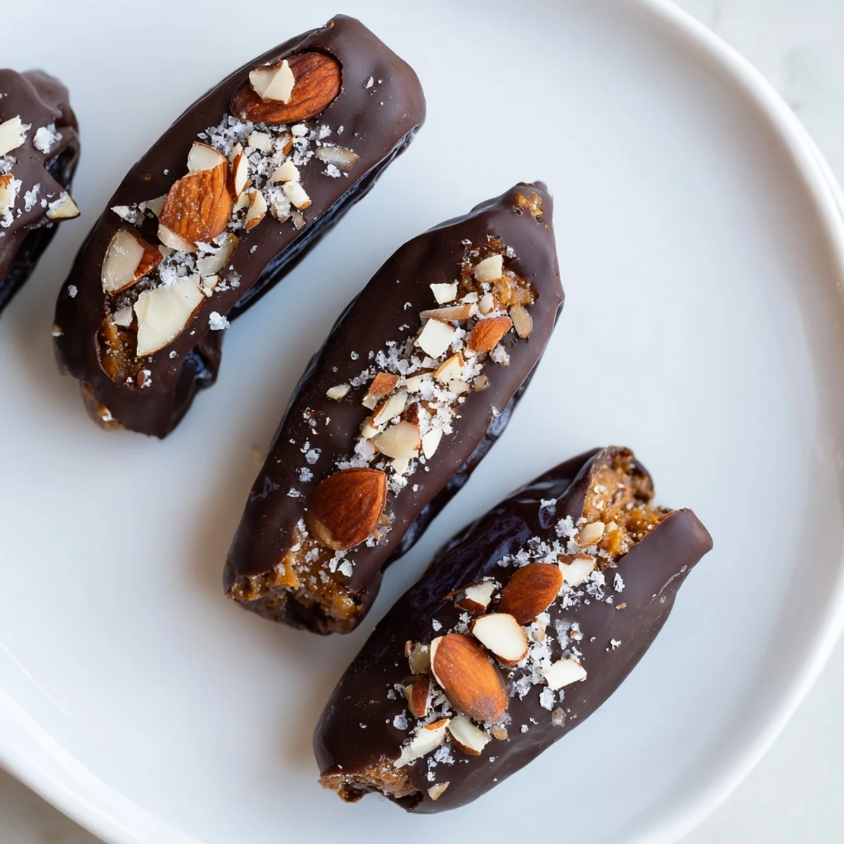 Twelve vegan, gluten-free Chocolate Covered Dates Stuffed with Almond Butter garnished with almonds, showing glossy coating and creamy filling.