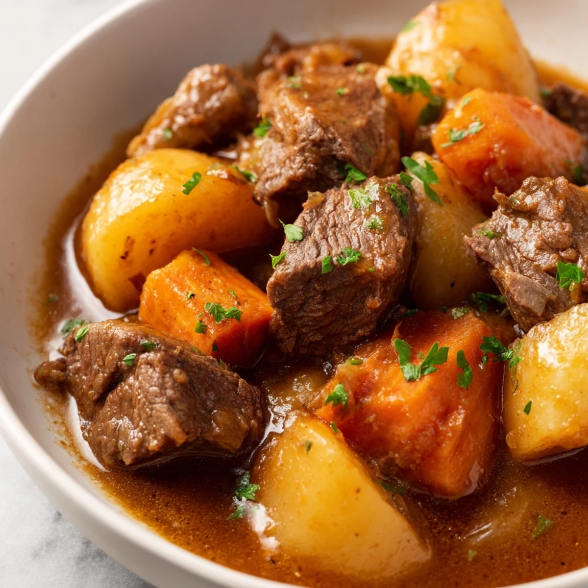 A close-up of Slow Cooker Beef Stew with Potatoes and Carrots shows savory chunks and carrots in a thick, glossy gravy.