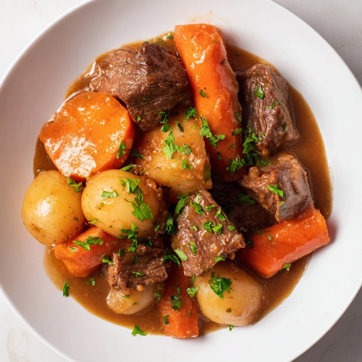 Slow Cooker Beef Stew with Potatoes and Carrots simmers in a rich broth, featuring tender beef chunks and hearty root vegetables.
