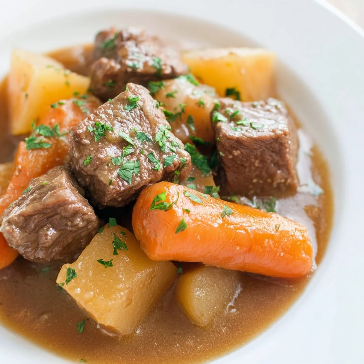 Comforting bowl of Slow Cooker Beef Stew with Potatoes and Carrots, garnished with fresh parsley, perfect for a cozy family dinner.