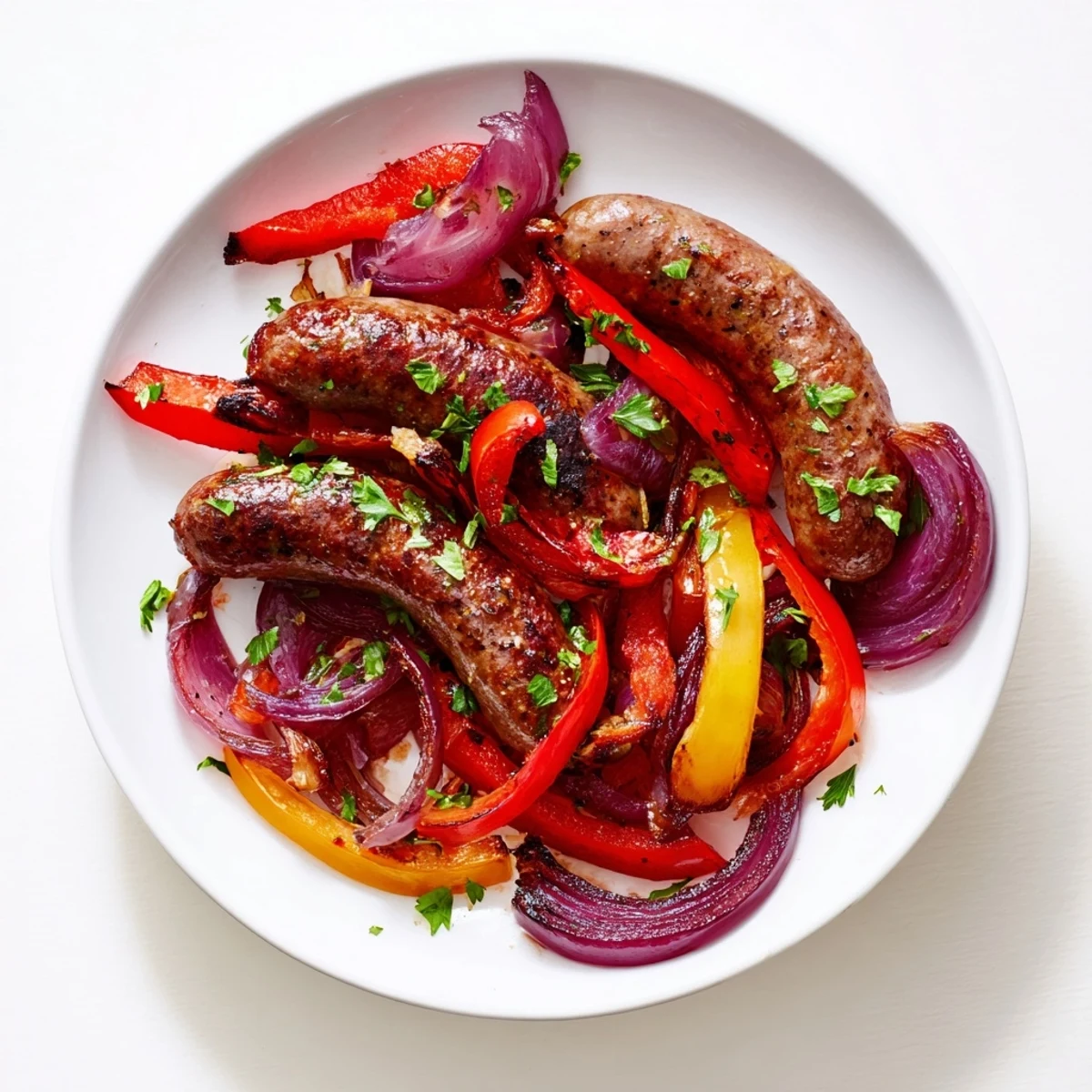 Golden-brown Sheet Pan Beef Sausage and Peppers with Onions roasted with garlic and oregano, served hot from the oven.
