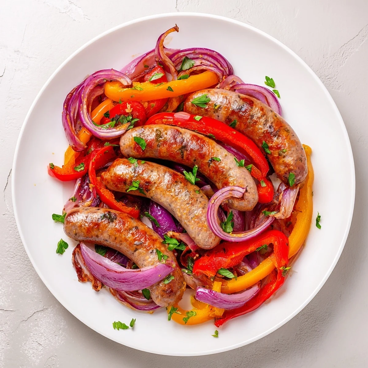 Sizzling Sheet Pan Beef Sausage and Peppers with Onions on a parchment-lined tray, perfect for an easy weeknight dinner.