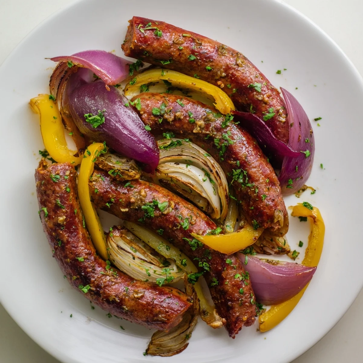 Colorful Sheet Pan Beef Sausage and Peppers with Onions, garnished with fresh parsley and ready to serve with crusty bread.