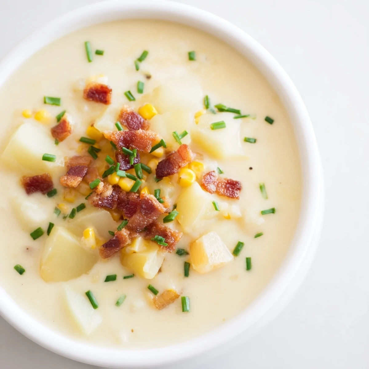 Creamy Corn Chowder with Crispy Turkey Bacon is ladled into a rustic white bowl, topped with bacon bits and fresh chives.