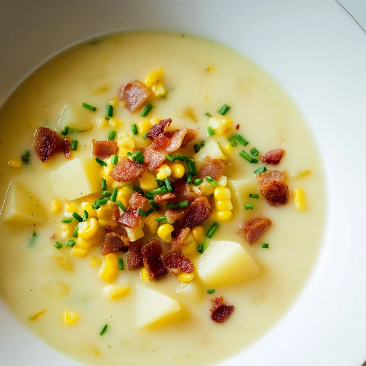 Crispy turkey bacon pieces and chopped chives garnish a warm bowl of Creamy Corn Chowder with Crispy Turkey Bacon.