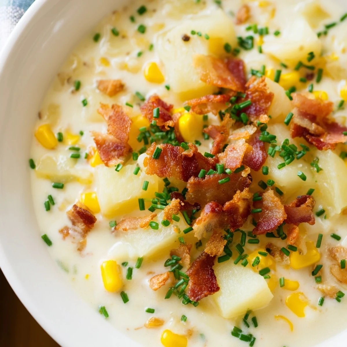 A pot of Creamy Corn Chowder with Crispy Turkey Bacon simmers, garnished with chives and served alongside crusty gluten-free bread.