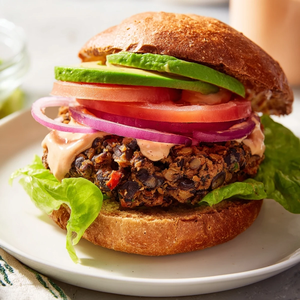 Vegan Black Bean Burger with Chipotle Lime Mayo served on a toasted bun, layered with crisp lettuce, juicy tomato, and creamy avocado slices.