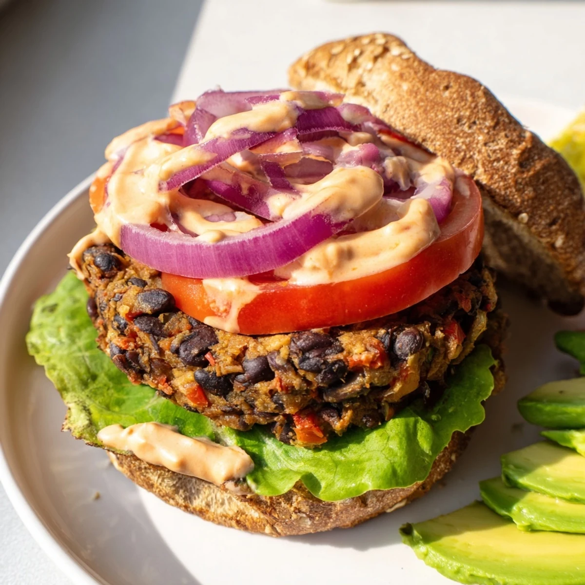 A close-up view of a Vegan Black Bean Burger with Chipotle Lime Mayo, highlighting the chunky bean texture and a drizzle of zesty sauce.