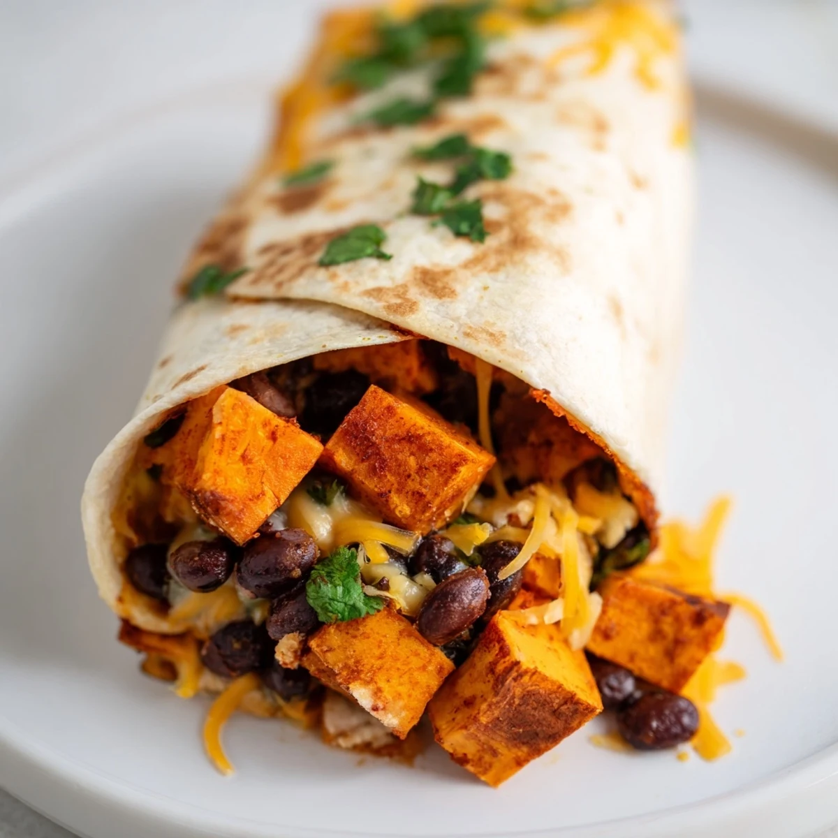 Golden-brown Roasted Sweet Potato and Black Bean Burritos with Cheese, filled with caramelized sweet potatoes, black beans, and melted cheddar.