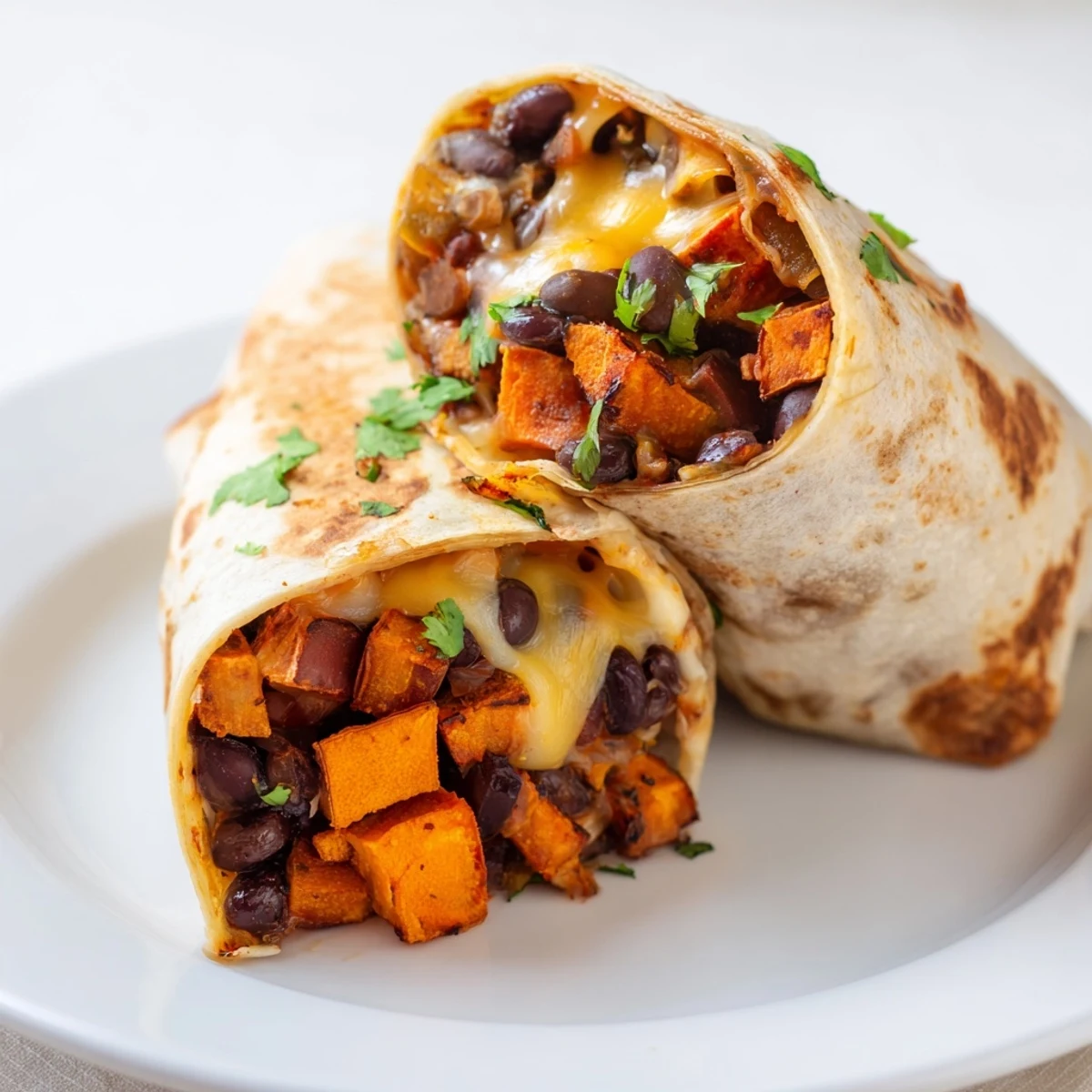 Freshly rolled Roasted Sweet Potato and Black Bean Burritos with Cheese, garnished with cilantro and served with lime wedges on a plate.