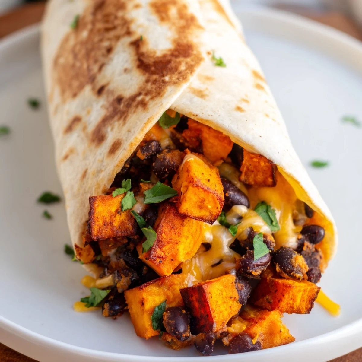 A close look at a cut Roasted Sweet Potato and Black Bean Burritos with Cheese, revealing the savory filling and melted cheese inside.