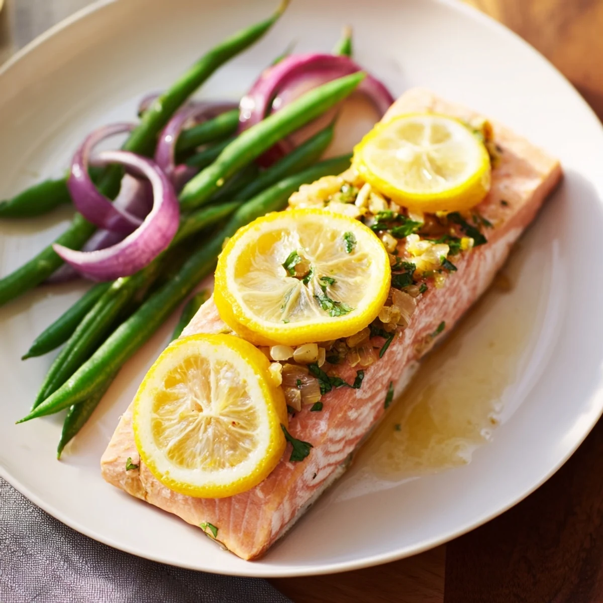 Golden-baked salmon fillets and bright green beans roast together on a sheet pan, topped with lemon slices and fresh parsley.