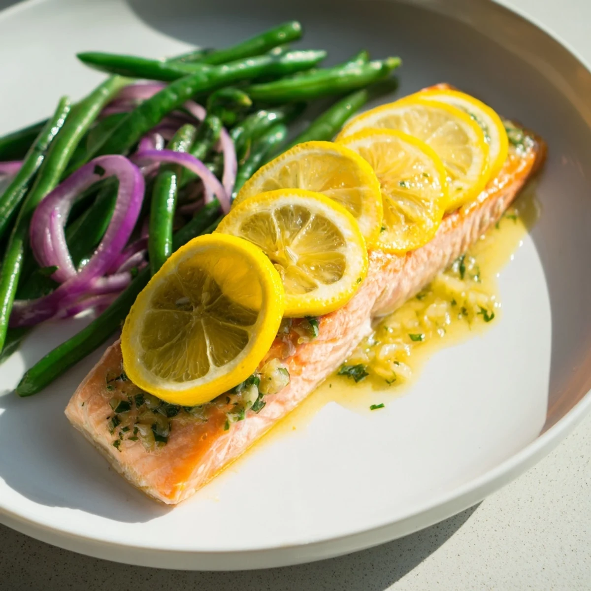 Flaky, tender salmon and crisp green beans glistening with melted lemon butter sauce, ready for an easy weeknight meal.