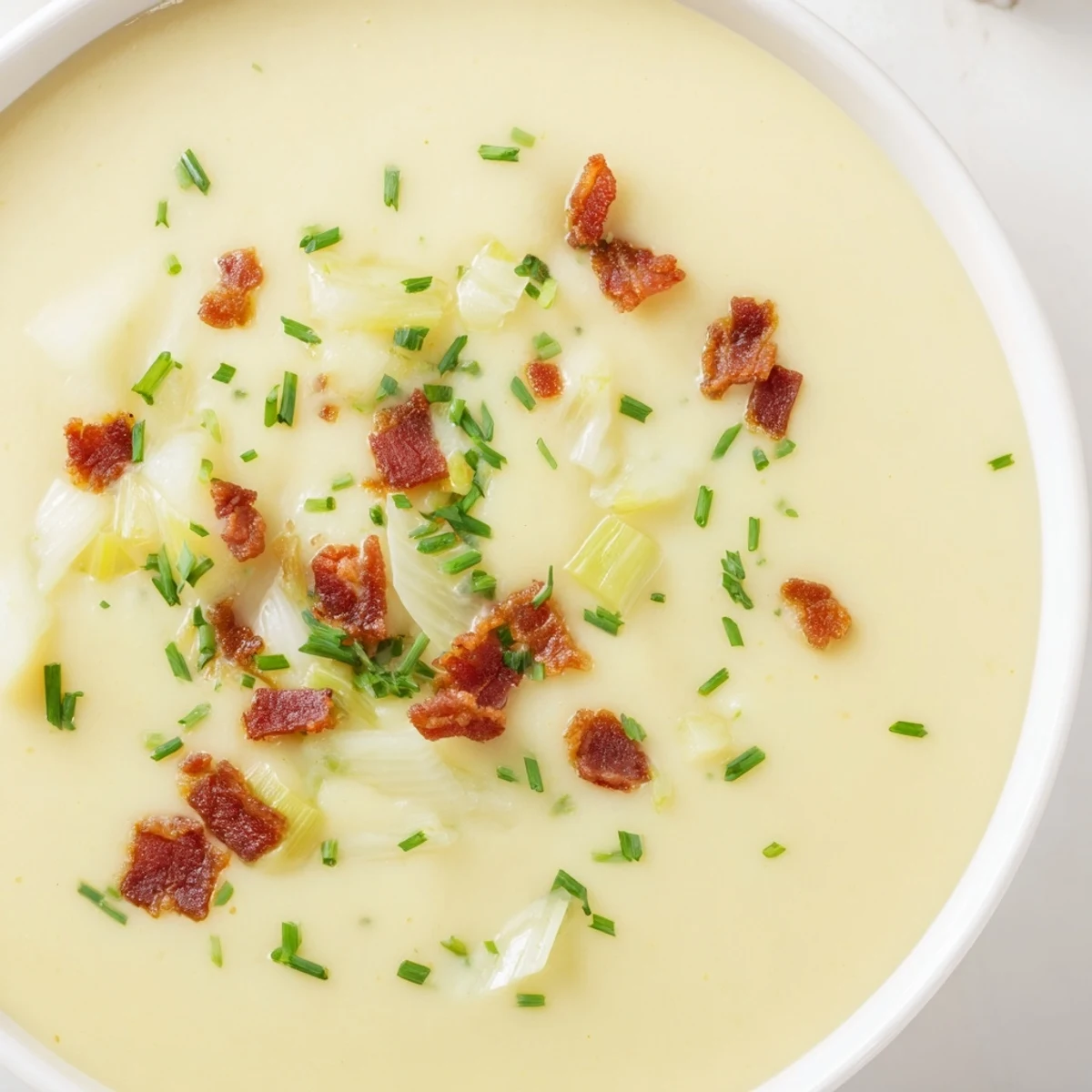Creamy Potato Leek Soup with Crispy Turkey Bacon steaming in a white bowl, garnished with fresh chives and bacon bits.