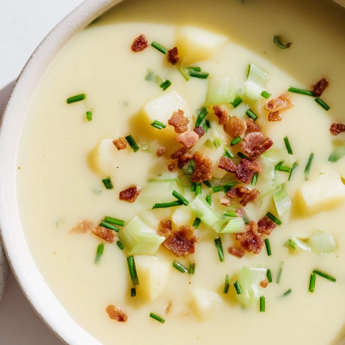 A close-up of Creamy Potato Leek Soup with Crispy Turkey Bacon, showing velvety texture beside a slice of gluten-free bread.