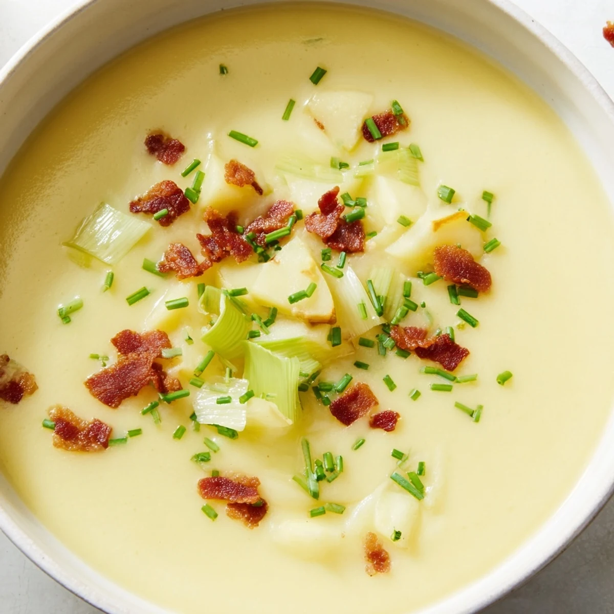 Creamy Potato Leek Soup with Crispy Turkey Bacon served in a rustic bowl, topped with parsley and golden turkey bacon.
