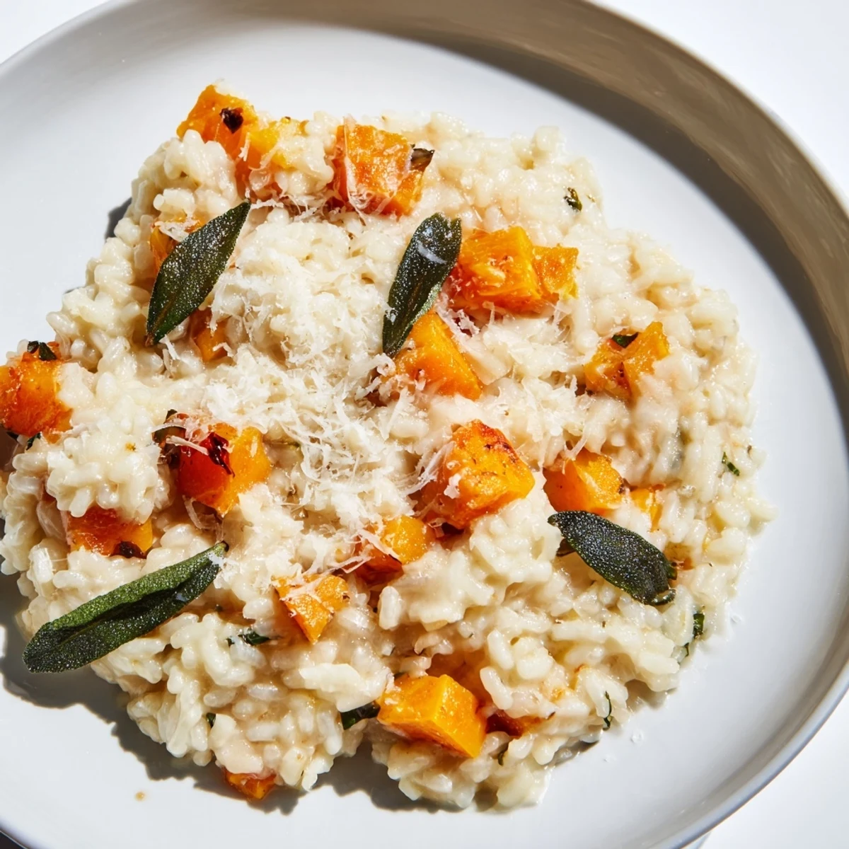 Steaming Winter Squash Risotto with Sage and Parmesan Cheese is served hot, garnished with fresh sage.