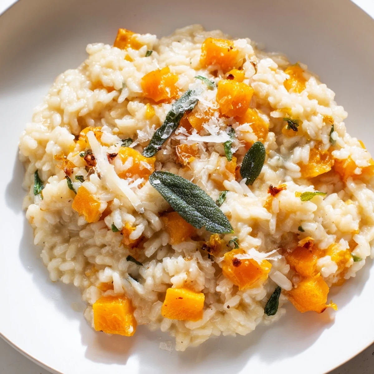 A close-up shows roasted squash and parmesan cheese in creamy Winter Squash Risotto with Sage.