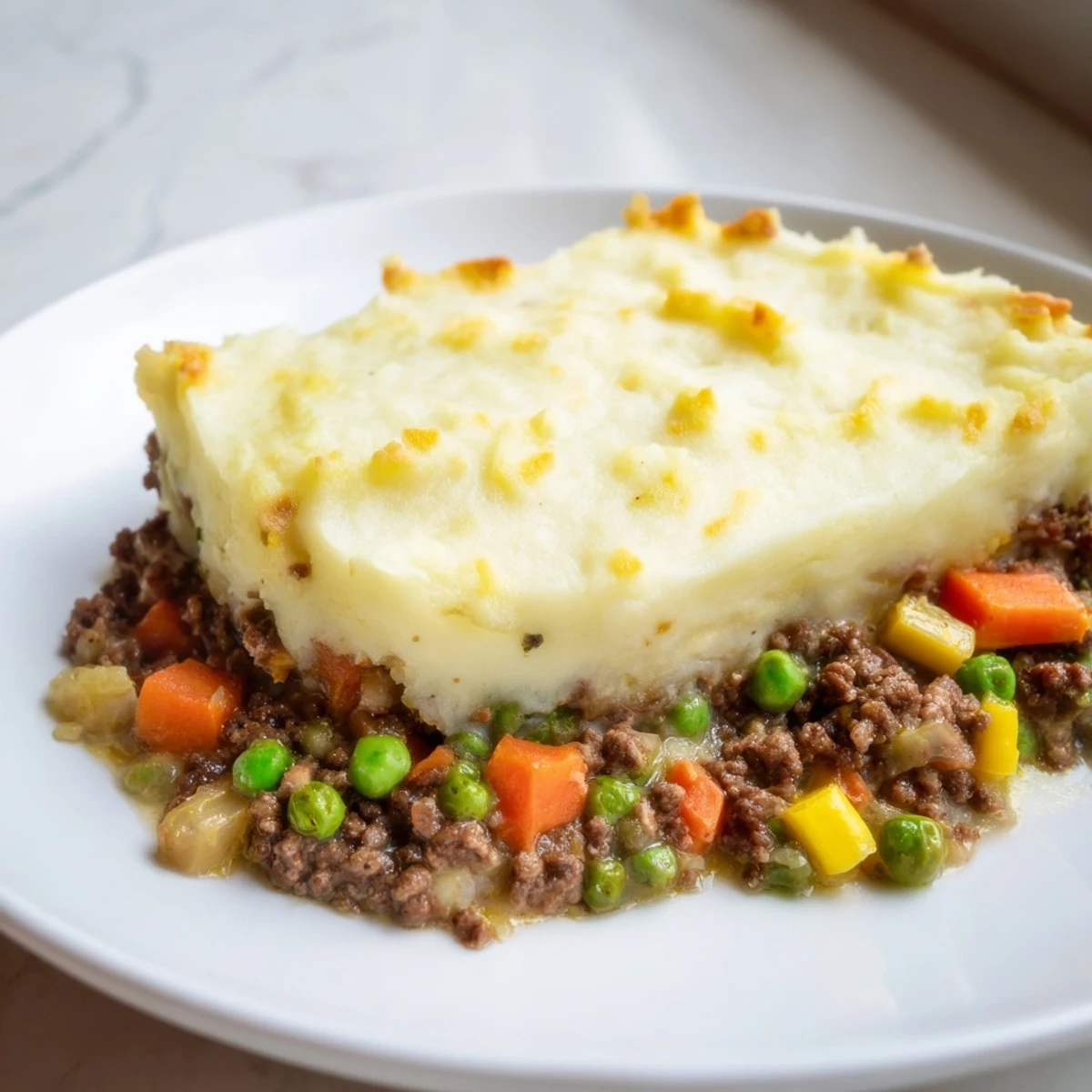 Golden, bubbling Beef Shepherds Pie with Creamy Cauliflower Mash, served in a rustic dish fresh from the oven.