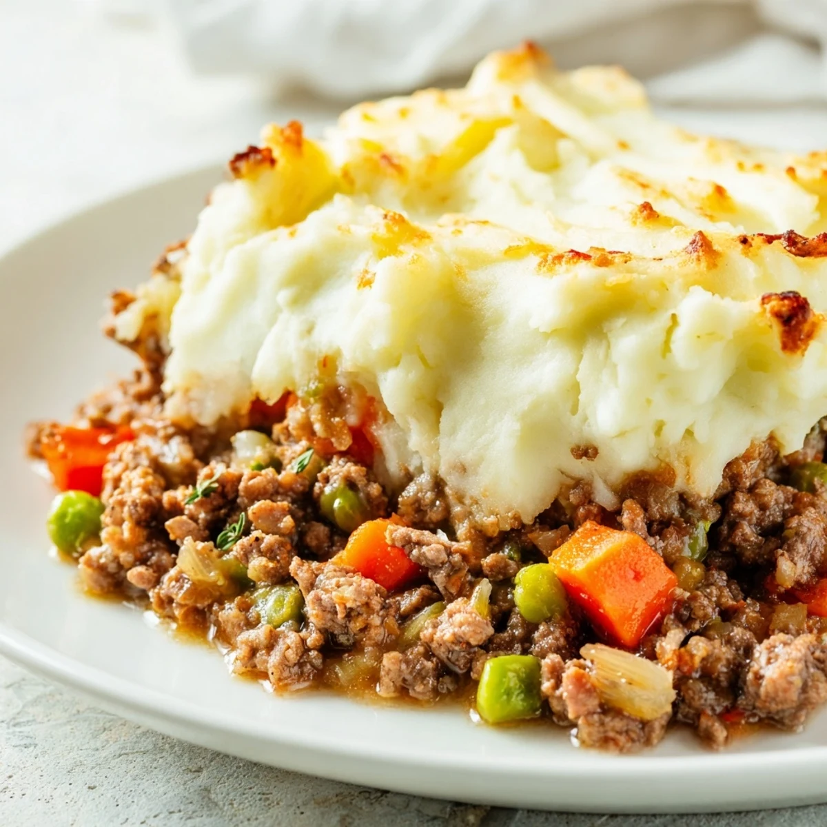 Fresh rosemary garnishes this low-carb Beef Shepherds Pie with Creamy Cauliflower Mash, perfect for a cozy weeknight dinner.