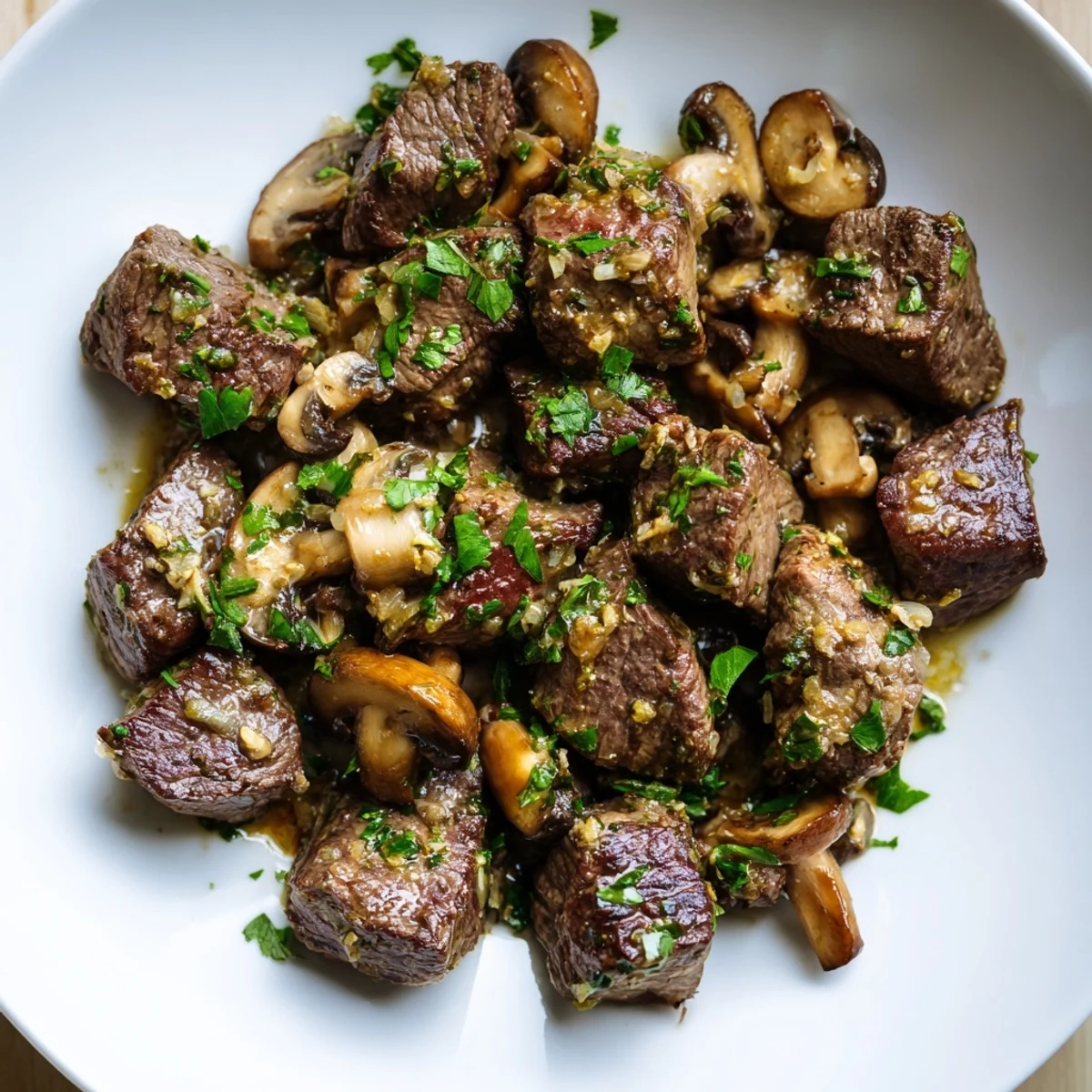 Freshly seared Garlic Butter Steak Bites with sautéed mushrooms, parsley garnish, and rich buttery sauce glistening in a rustic skillet.