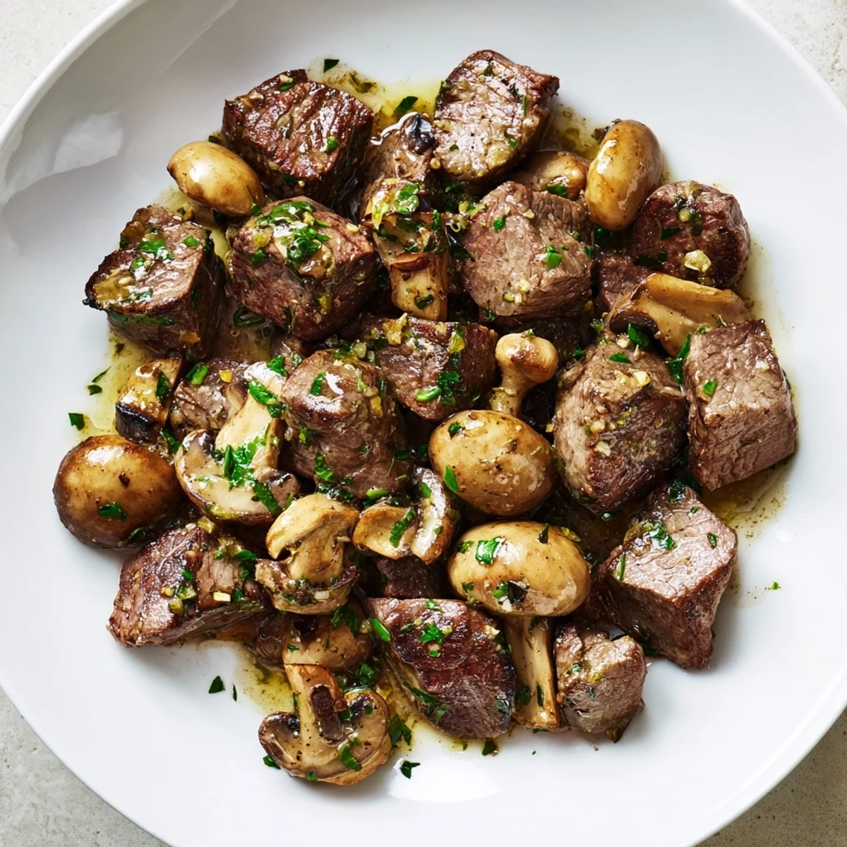 Golden brown steak bites and tender mushrooms tossed in garlic butter, served hot and garnished with fresh parsley for dinner.