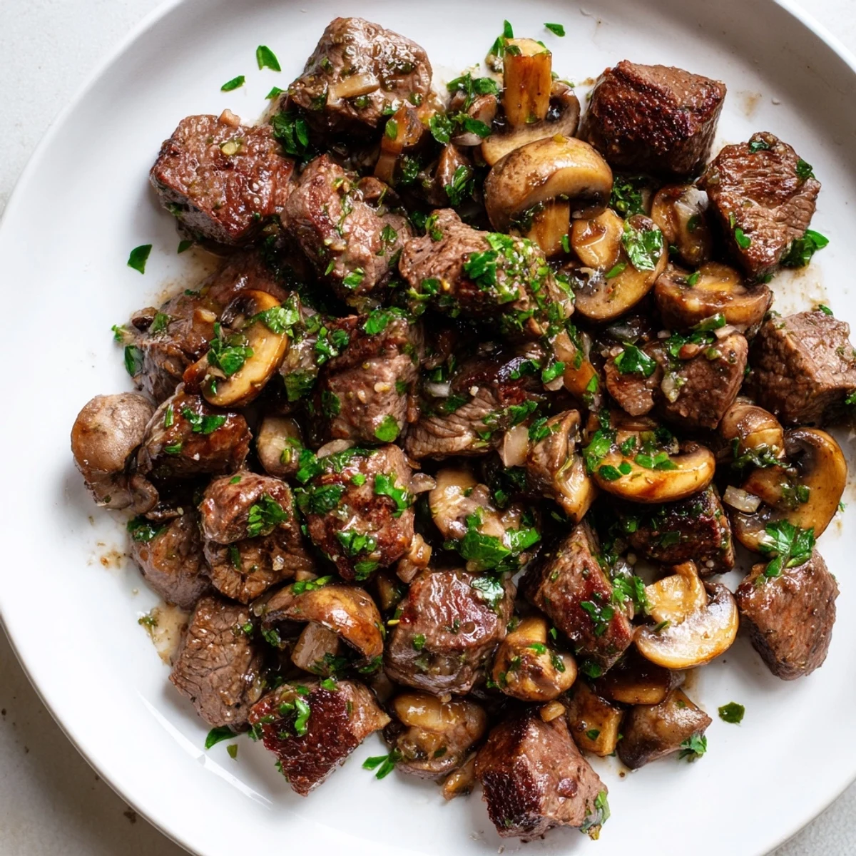 Garlic Butter Steak Bites paired with savory mushrooms on a plate, ready to be served with crusty bread for dipping.