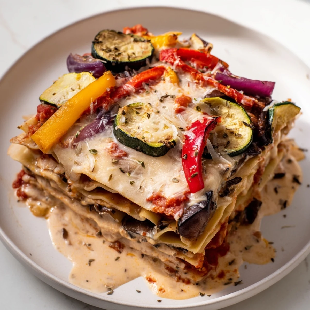 Golden, bubbling layers of Roasted Vegetable Lasagna with Creamy Bechamel Sauce, garnished with fresh basil on a rustic table.