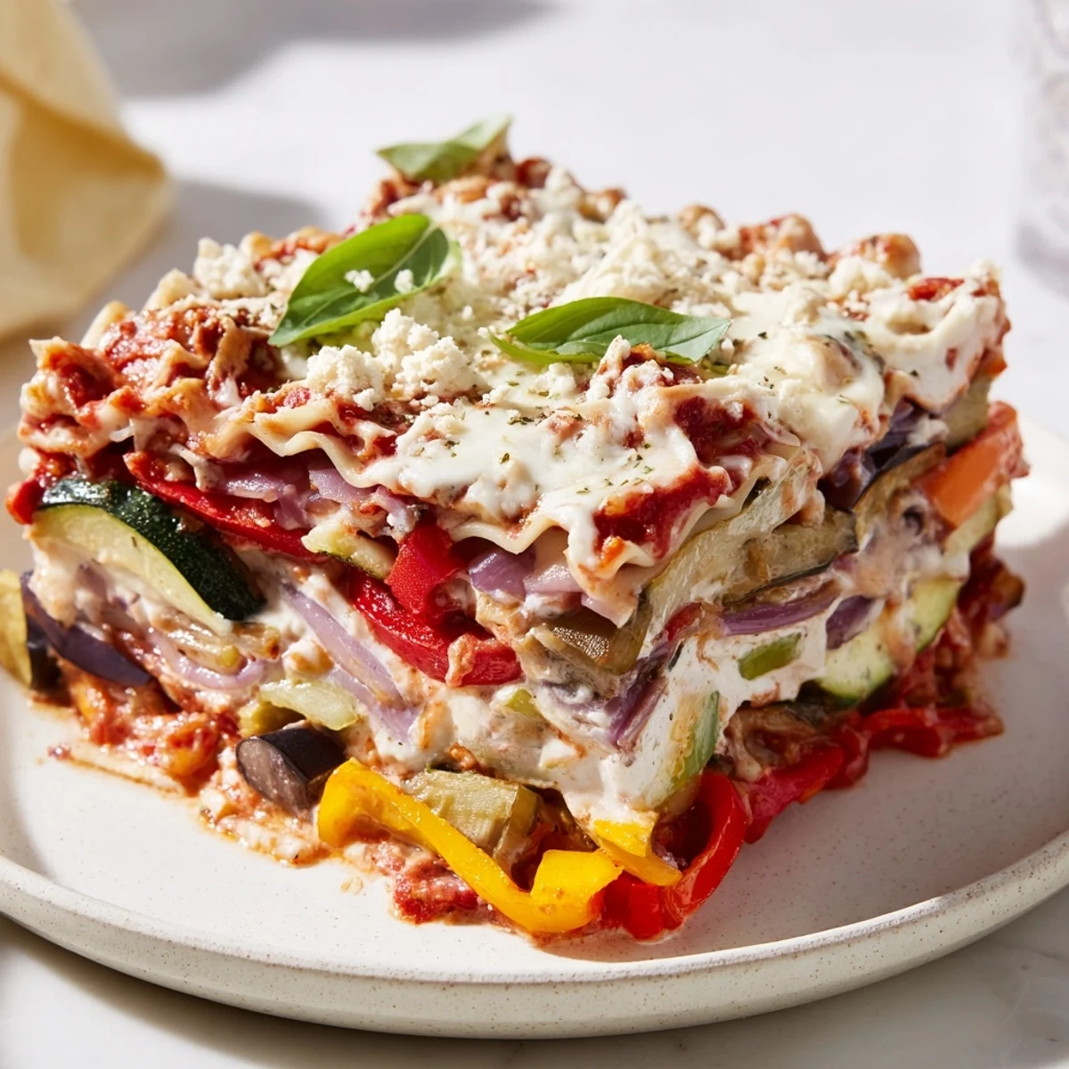 A hearty slice of Roasted Vegetable Lasagna with Creamy Bechamel Sauce, featuring roasted eggplant and zucchini, served for dinner.