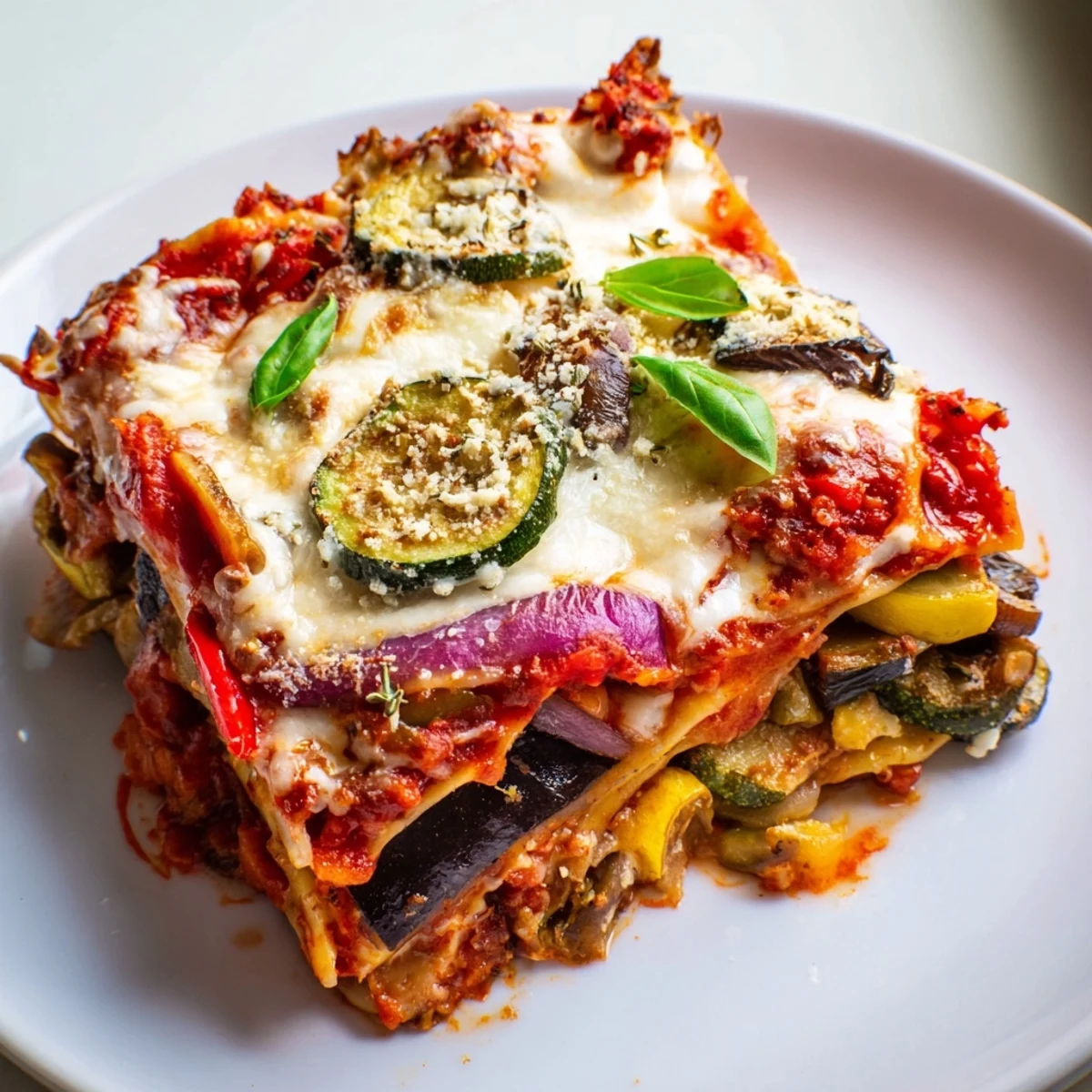 Close-up of Roasted Vegetable Lasagna with Creamy Bechamel Sauce, showcasing melted mozzarella and rich tomato sauce between tender noodles.