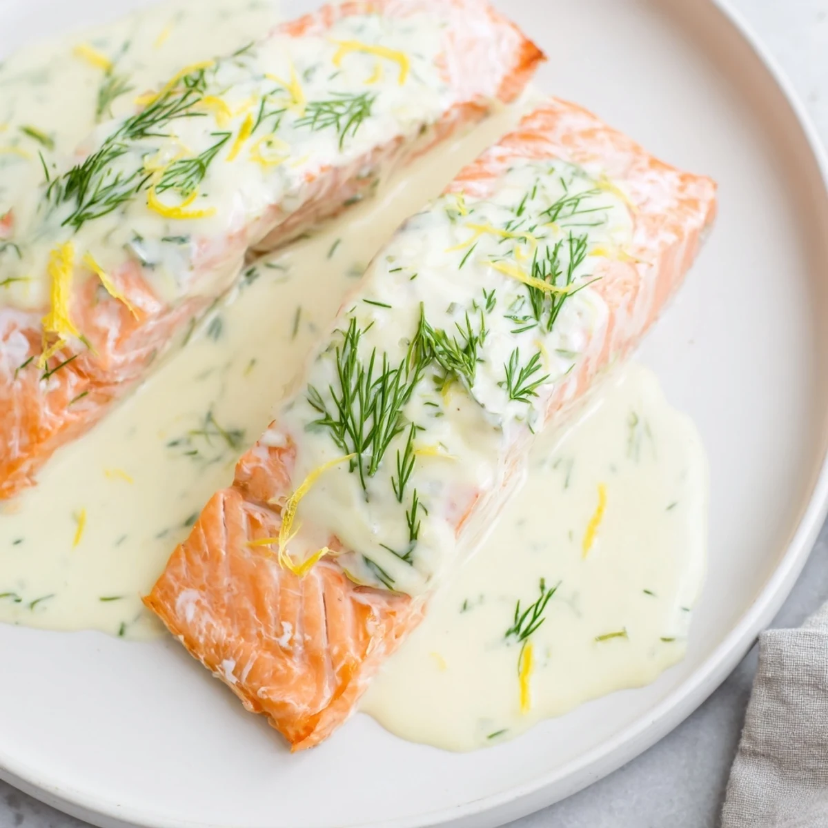 Golden-brown baked salmon fillets with flaky texture, generously topped with creamy dill and lemon sauce, garnished with fresh dill sprigs and lemon slices, served on a white plate alongside steamed asparagus for a vibrant weeknight dinner.