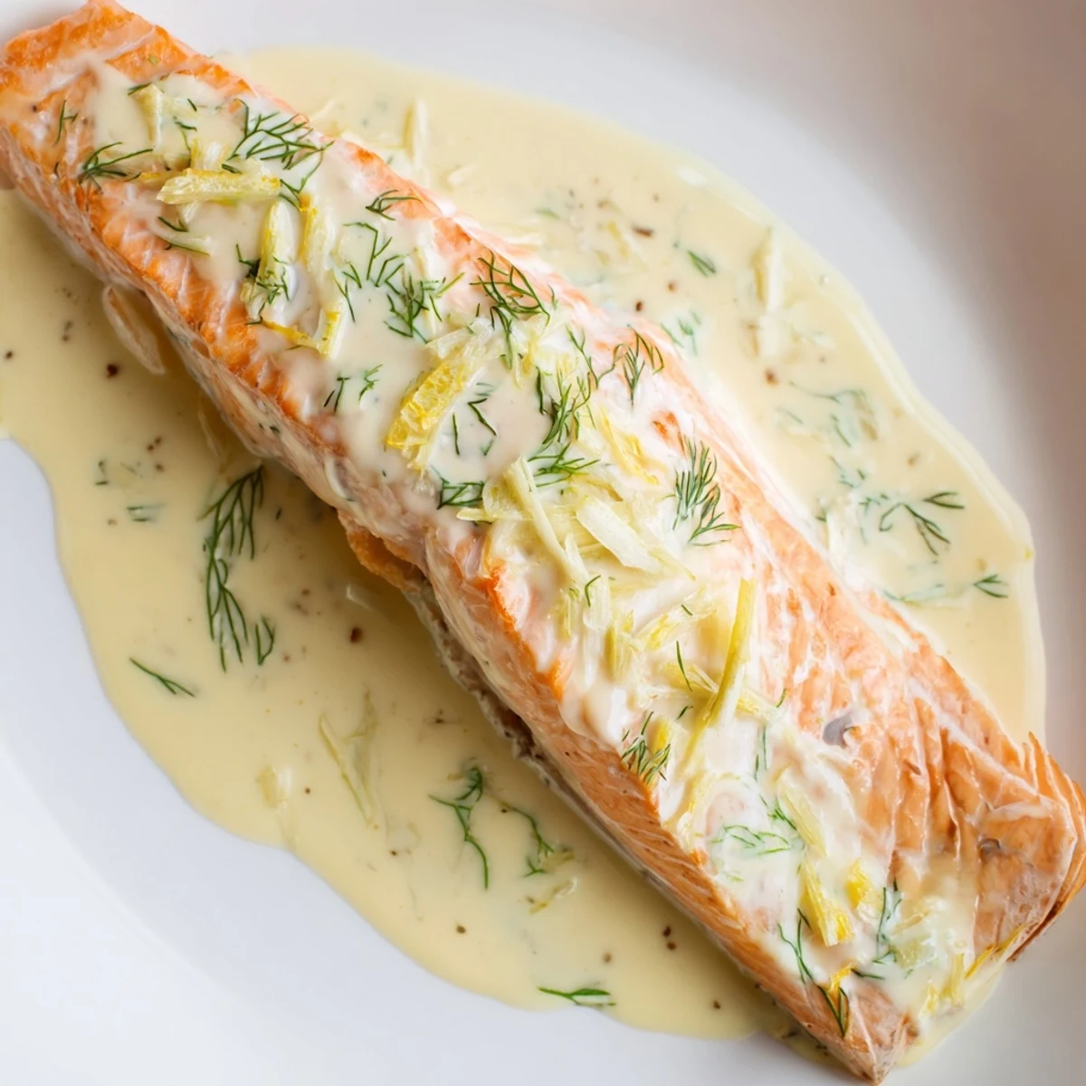 Close-up view of tender baked salmon with creamy dill and lemon sauce, showcasing the glossy, tangy sauce coating the fish, garnished with chopped fresh dill and lemon zest for a bright, fresh presentation.