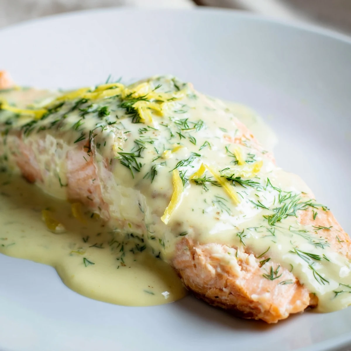 Succulent baked salmon with creamy dill and lemon sauce resting on a ceramic dish, steam rising gently from the luscious sauce, ready to be enjoyed with roasted potatoes and a chilled glass of white wine.