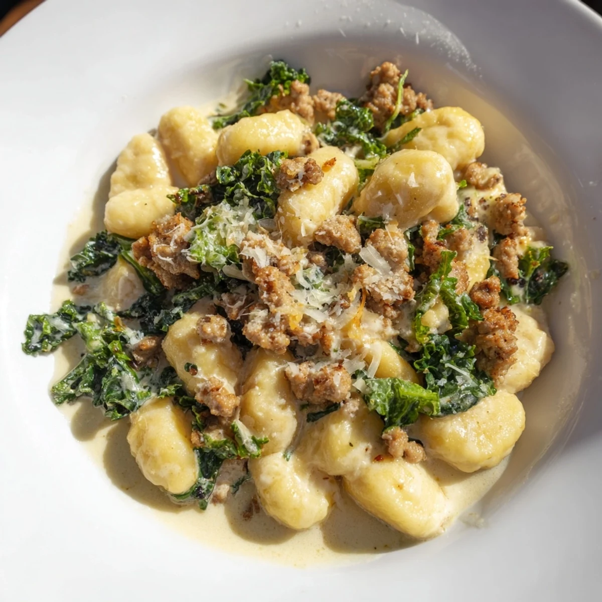Creamy Gnocchi with Turkey Sausage and Kale steaming in a rustic skillet, garnished with fresh parsley and extra Parmesan.