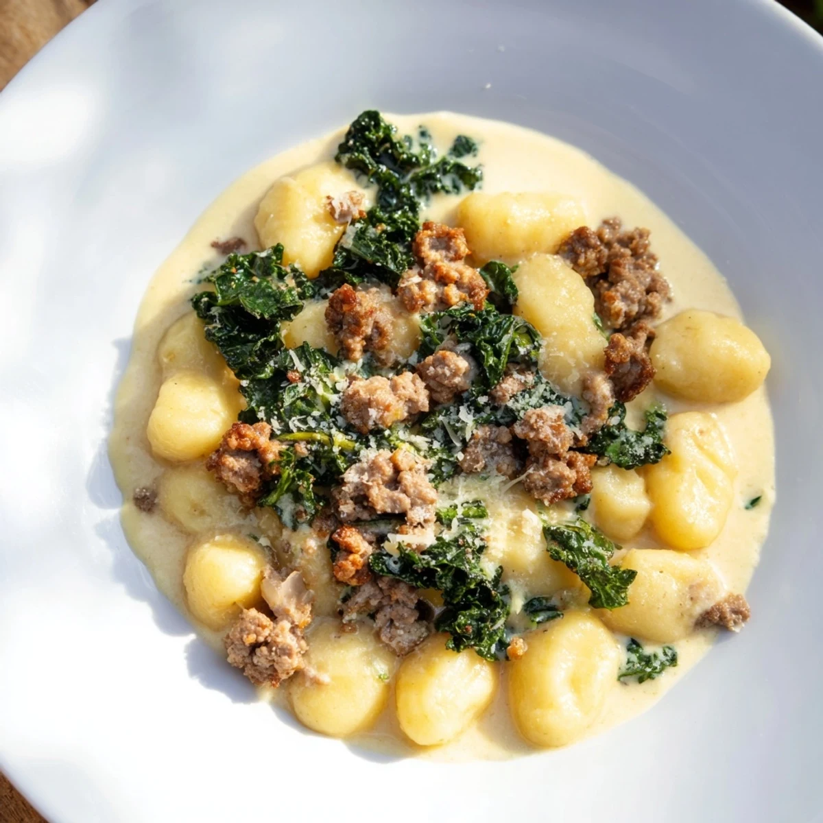 A serving spoon digs into tender gnocchi and kale in rich cream sauce, revealing savory turkey sausage in this one-pan meal.