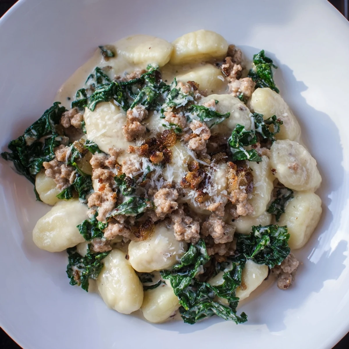 Glossy, cheesy Creamy Gnocchi with Turkey Sausage and Kale plated beside a glass of white wine for a perfect weeknight dinner.