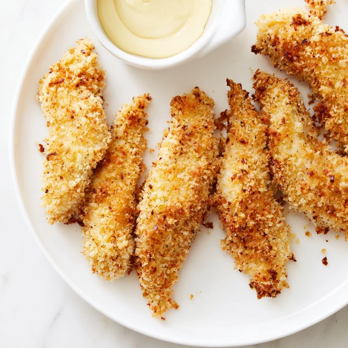 Golden, crunchy Crispy Baked Chicken Tenders with Honey Mustard Dip arranged on a wire rack.