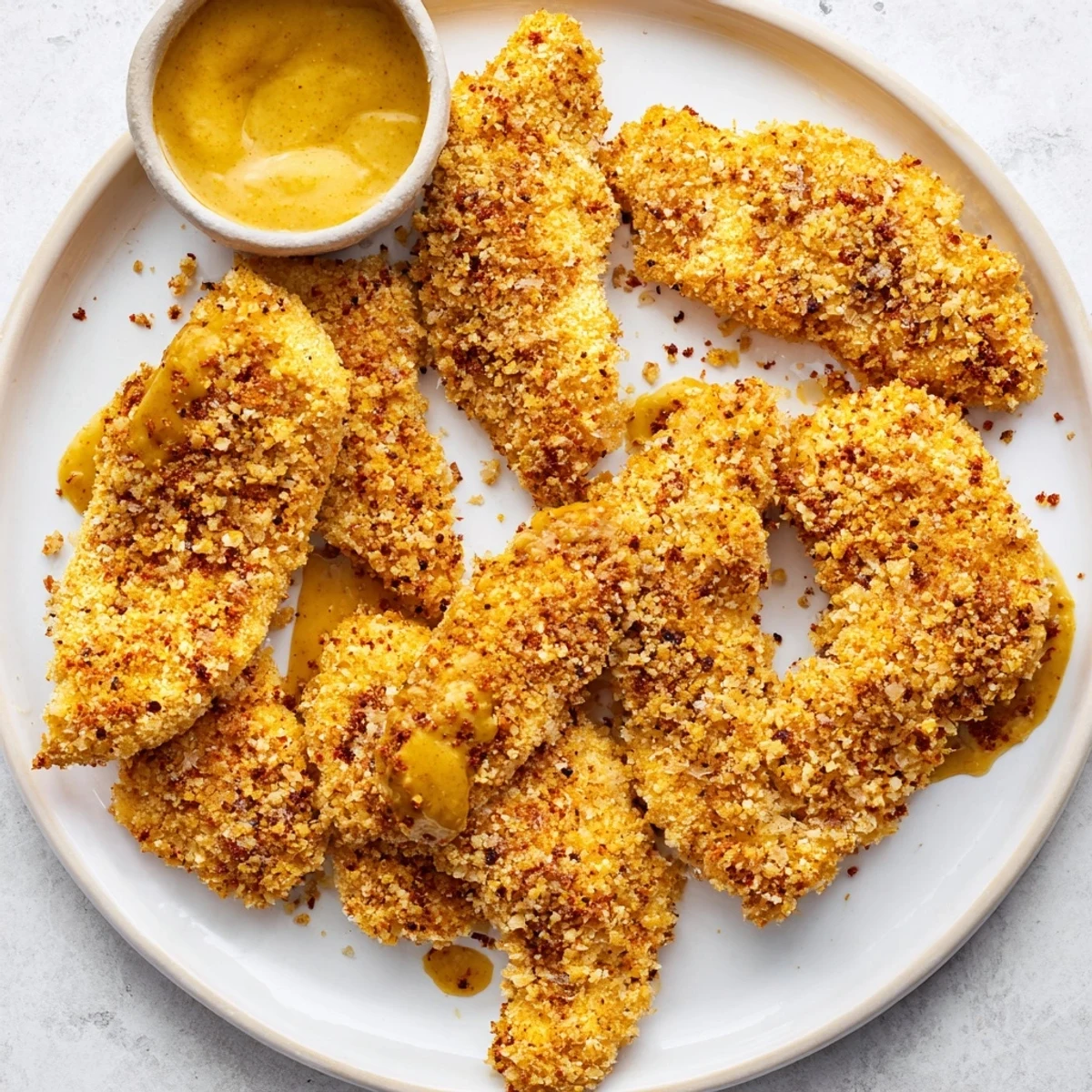 Savory Crispy Baked Chicken Tenders with Honey Mustard Dip served beside a fresh garden salad.