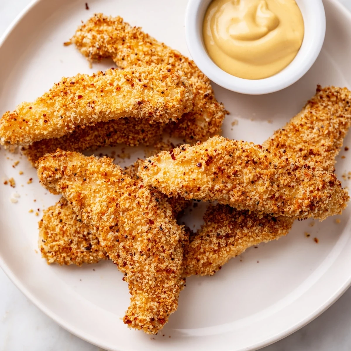 Freshly baked Crispy Baked Chicken Tenders with Honey Mustard Dip plated with golden french fries.